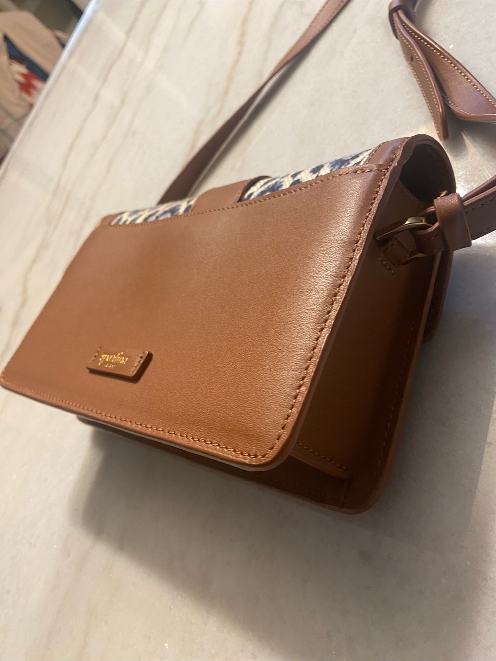 Spartina 449 Brown Leather-Trim Crossbody Bag with Blue raffia Pattern - Picture 10 of 13